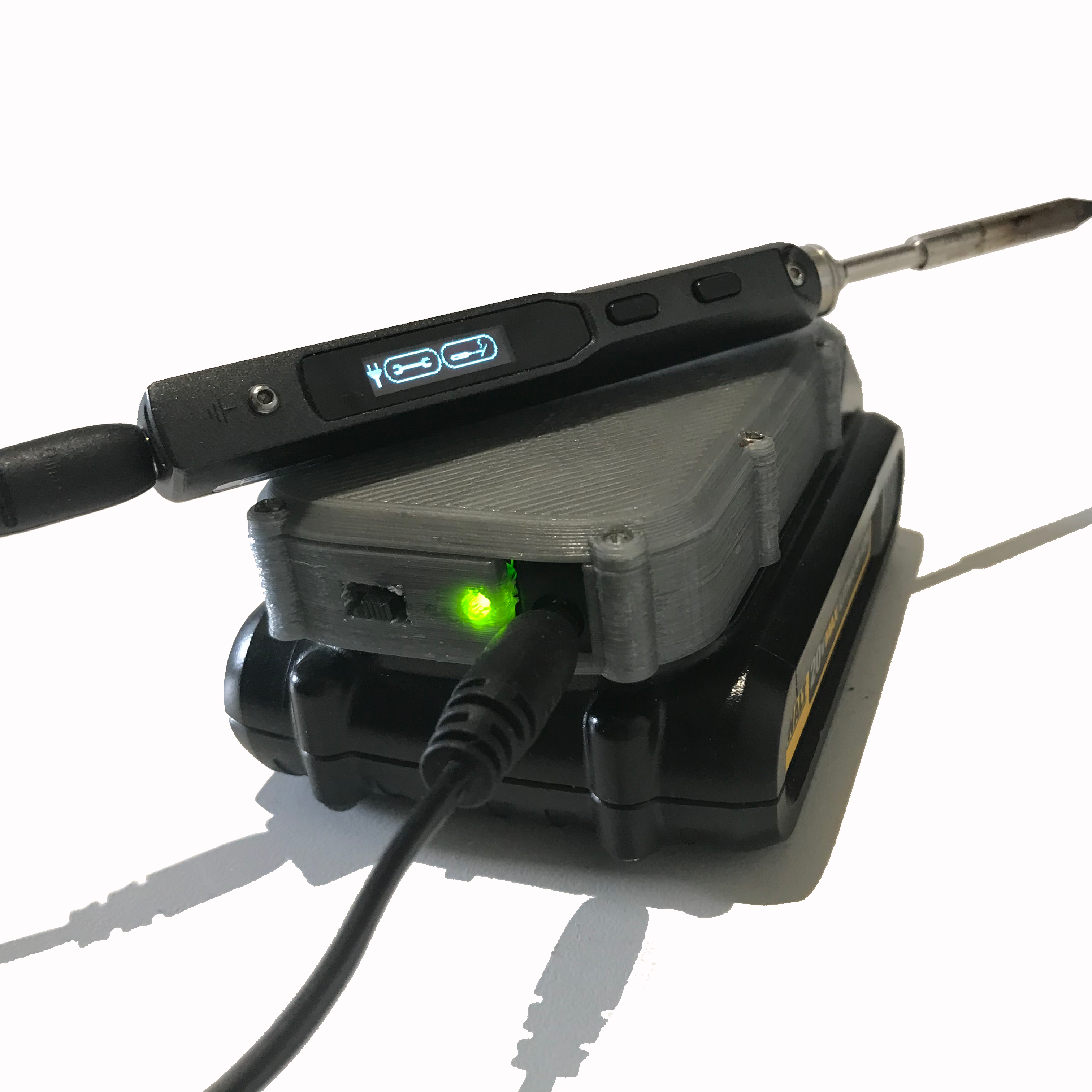 Assembled unit on DeWalt 20V battery with TS-100 iron